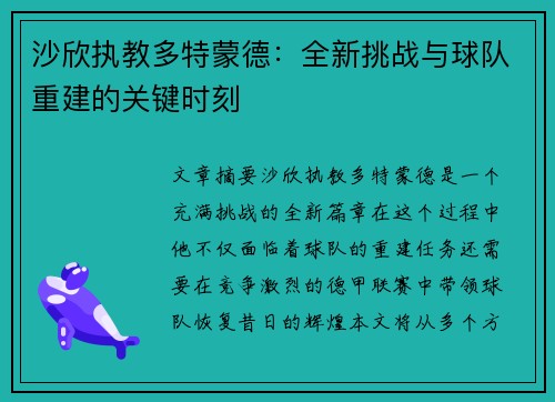 沙欣执教多特蒙德:全新挑战与球队重建的关键时刻 沙欣执教多特蒙德:全新挑战与球队重建的关键时刻