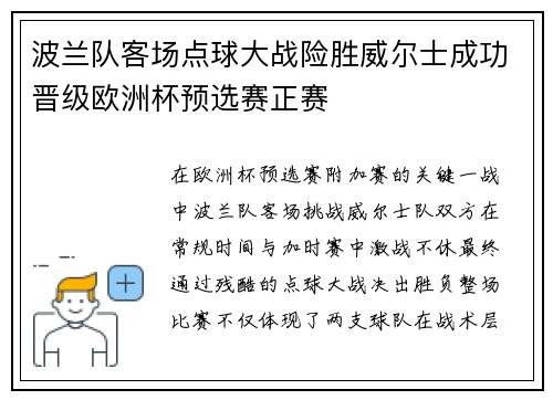 波兰队客场点球大战险胜威尔士成功晋级欧洲杯预选赛正赛 波兰队客场点球大战险胜威尔士成功晋级欧洲杯预选赛正赛