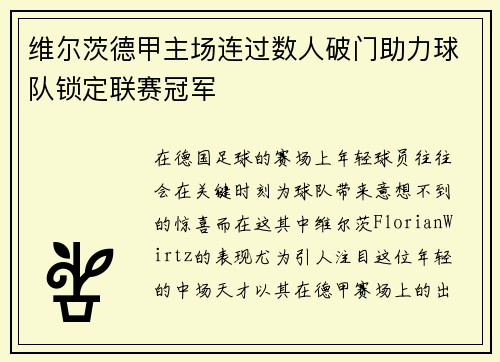 维尔茨德甲主场连过数人破门助力球队锁定联赛冠军